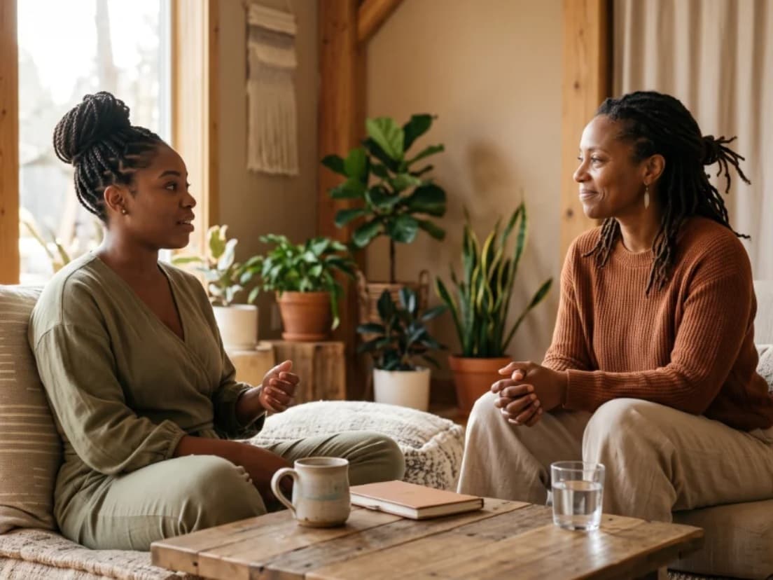 A practitioner and client talking together in a warm, plant-filled living room
